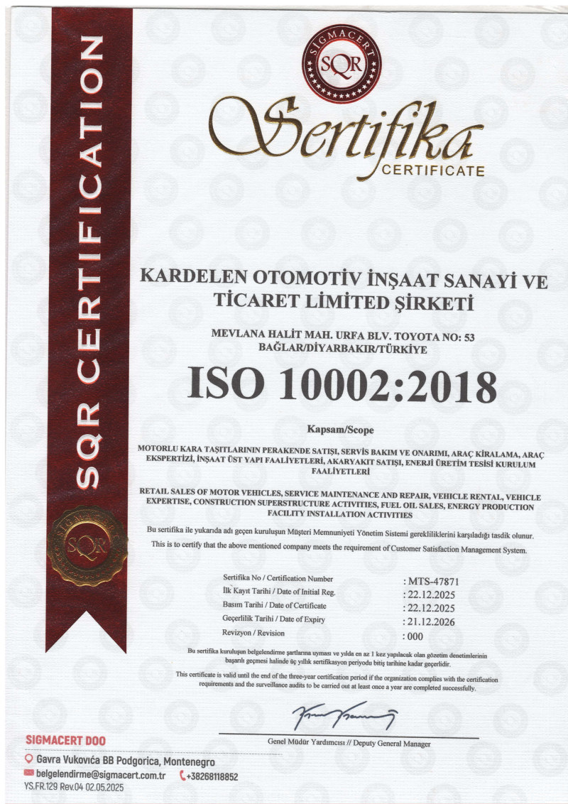 Kardelen Otomotiv ISO 10002 Belgeleri sertifikası
