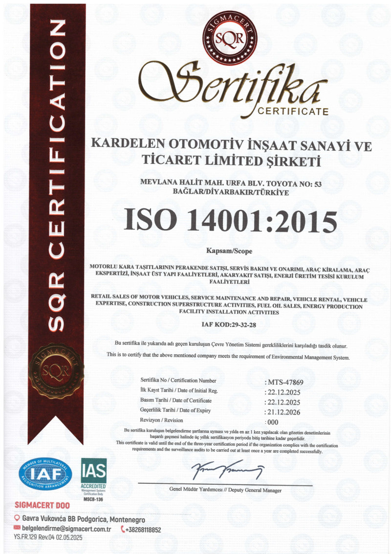 Kardelen Otomotiv ISO 14001 Belgeleri sertifikası