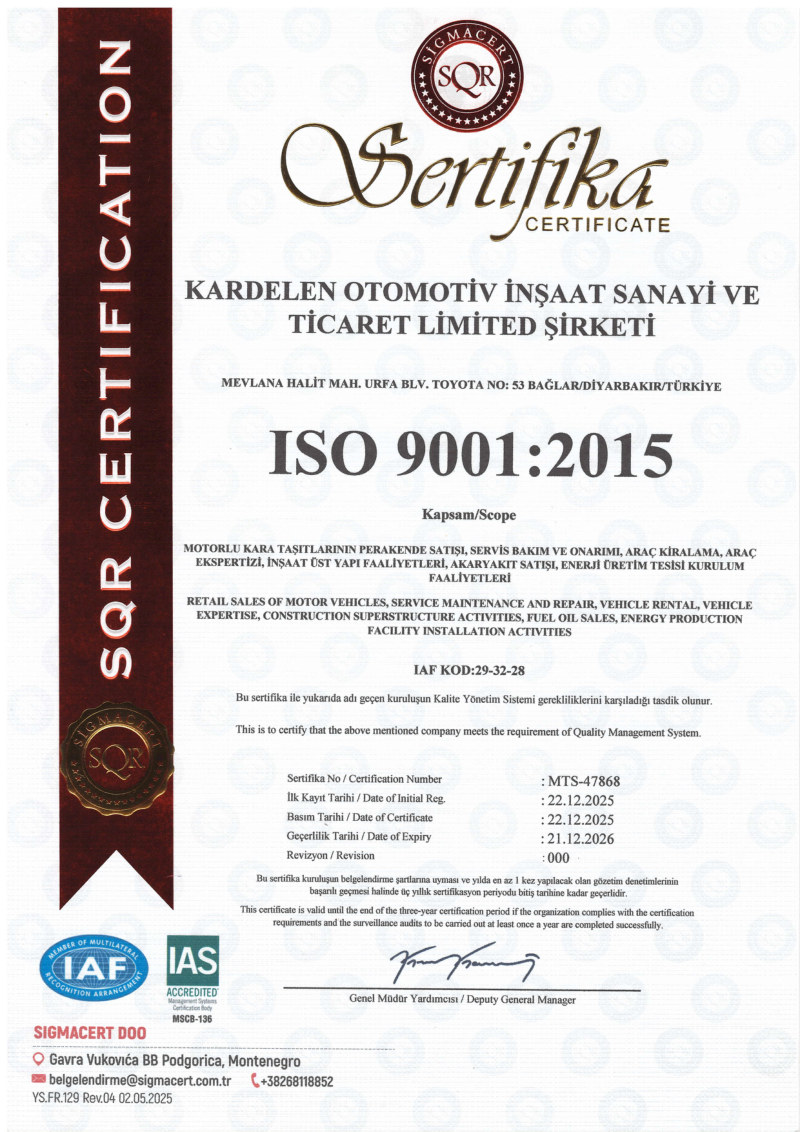 Kardelen Otomotiv ISO 9001 Belgeleri sertifikası